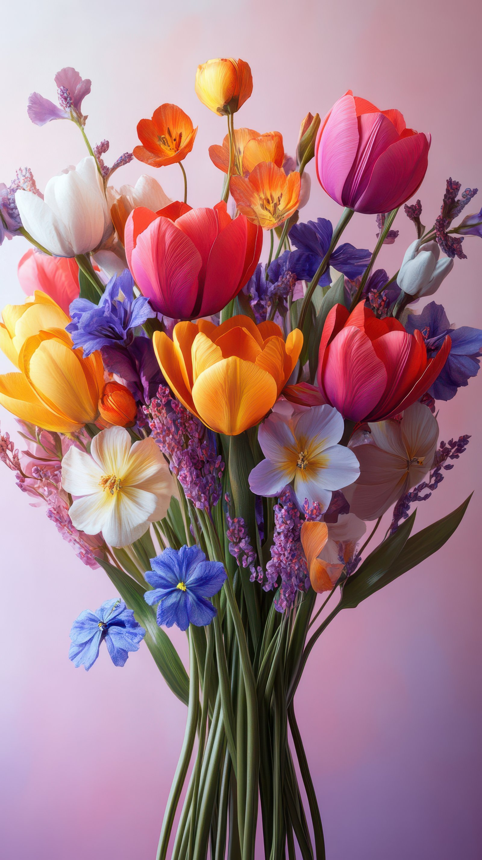 Bright and colorful spring flower bouquet featuring tulips and wildflowers against a pink background